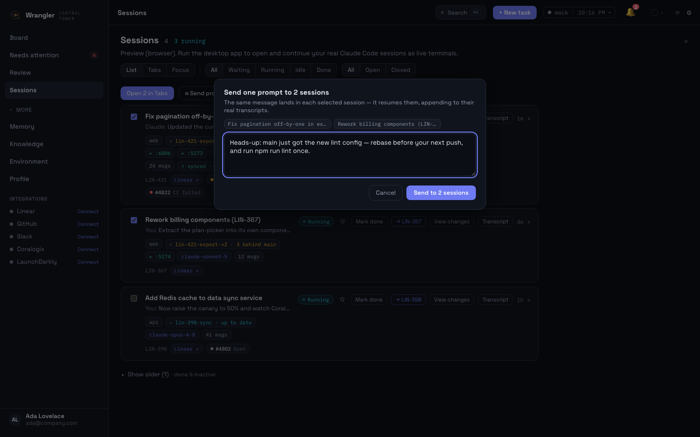 The broadcast composer — one prompt about a rebase sent to two selected sessions at once