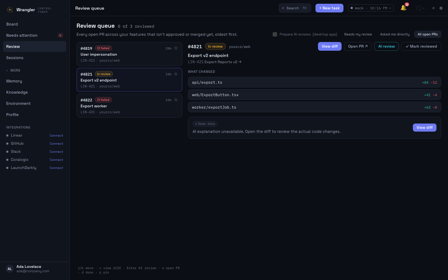 The Review queue — every open PR awaiting review across all features as one keyboard-first list