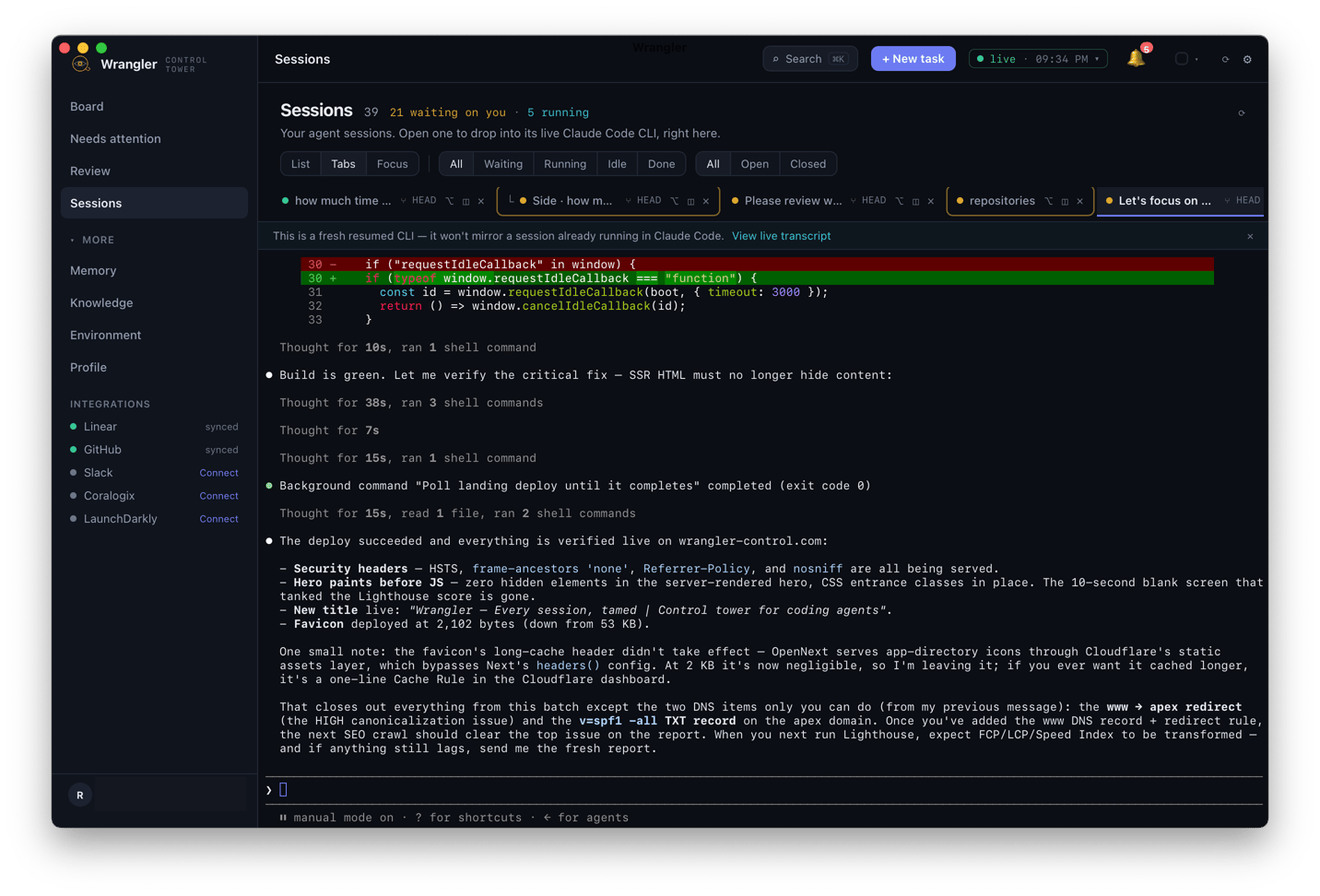 An open session — the live Claude Code CLI running inside Wrangler, with session tabs across the top