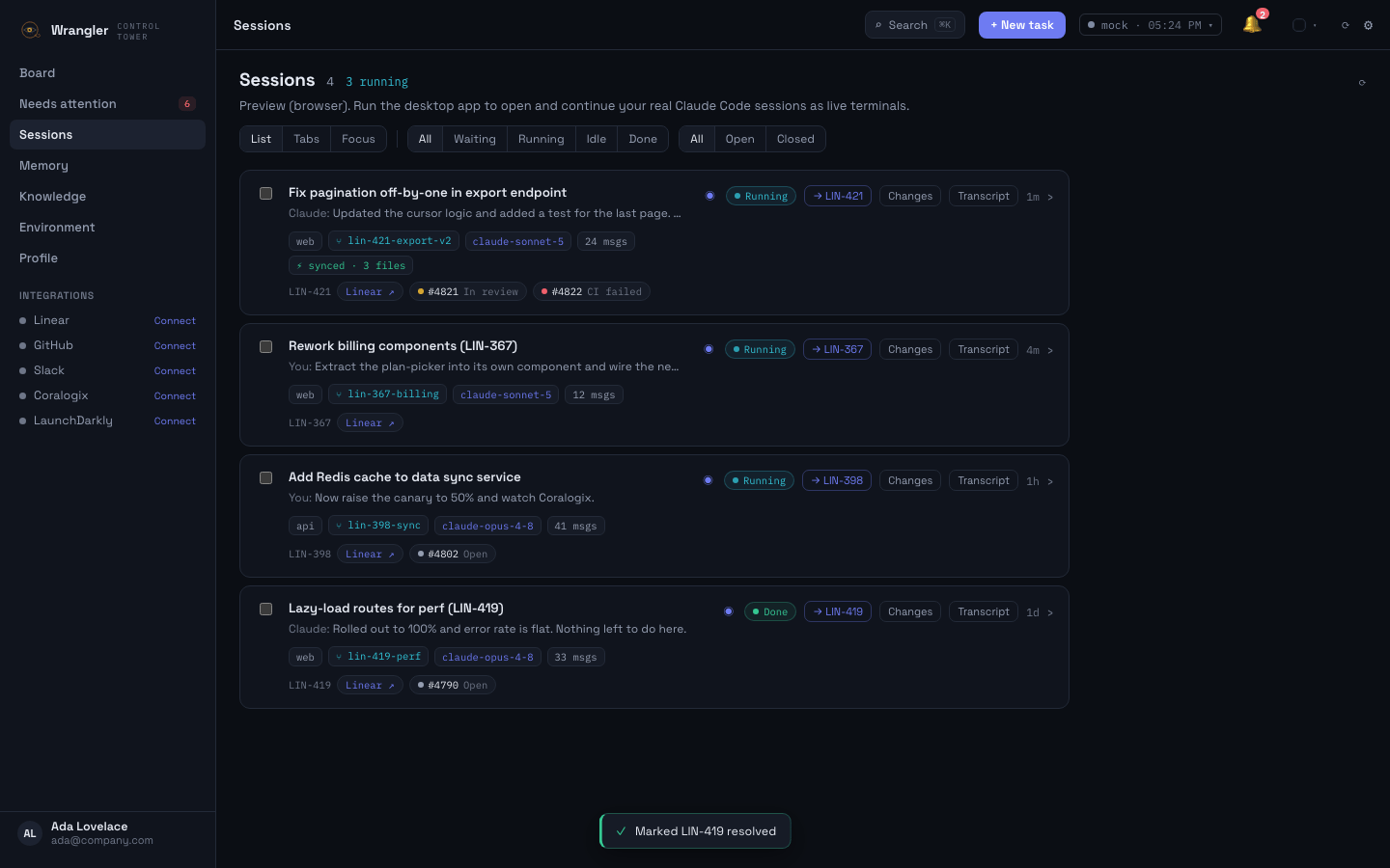 The Sessions view — running agent sessions with live status, branch, model, and linked PRs