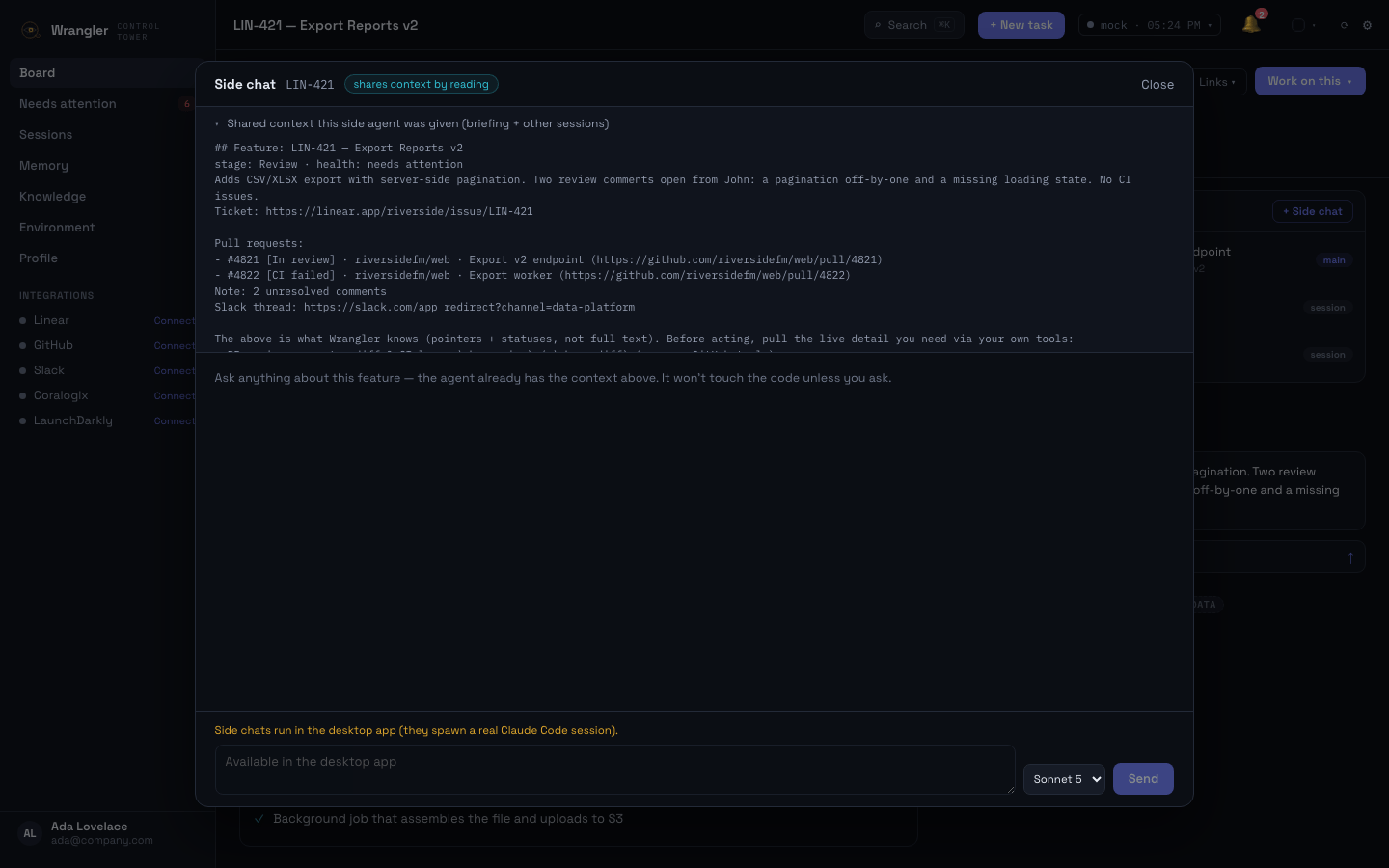 Side chat — a second agent session on the same feature, seeded with the main session's context